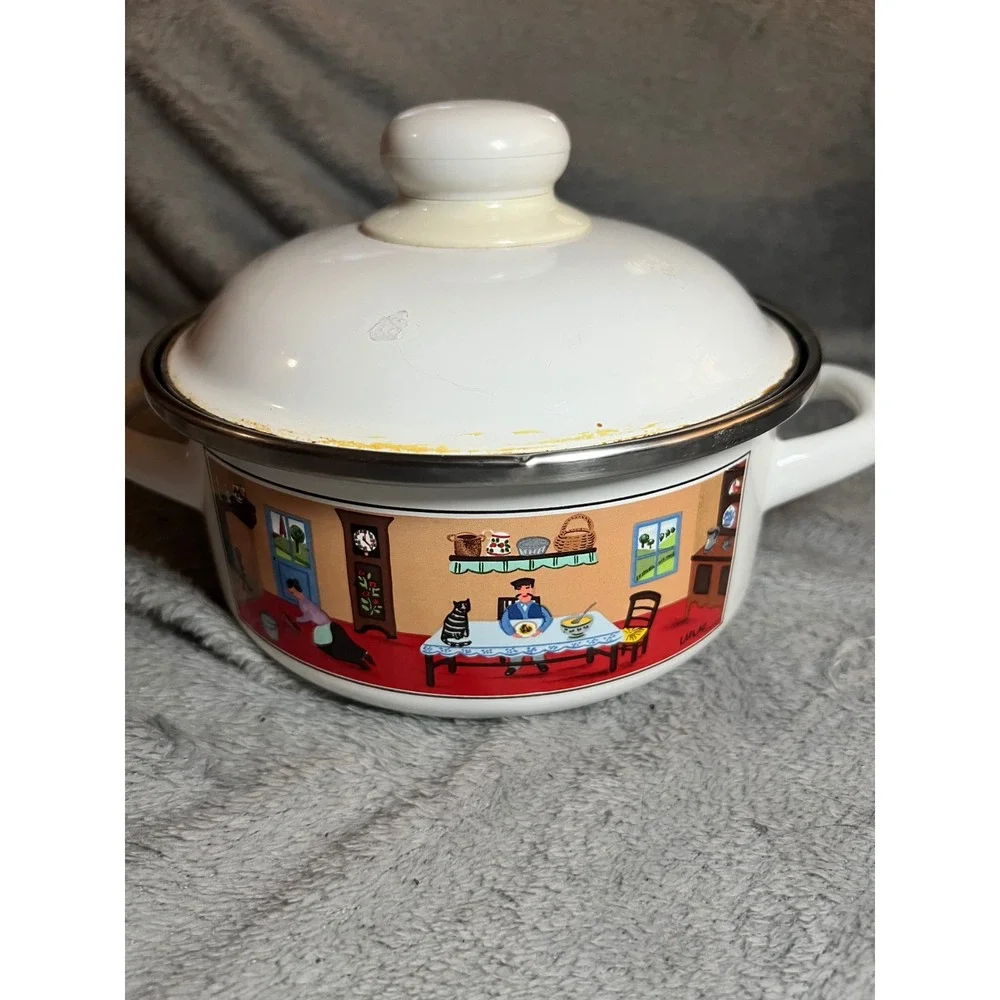 Villeroy & Boch Naif‎ Enamel Pot w/ Lid Double Handle Folk Art Laplau Germany